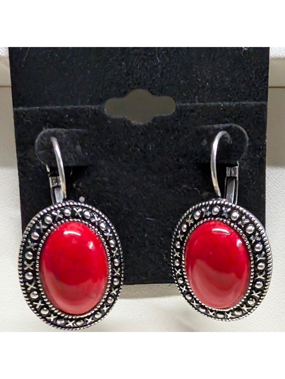 New Faux Red Turquoise Leverback Oval Drop Earrings Red Silver Tone Southwestern